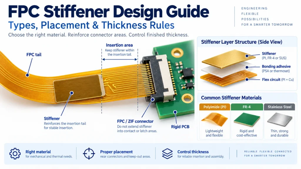 FPC stiffener design showing connector placement, layer structure, and polyimide, FR-4, and stainless steel materials