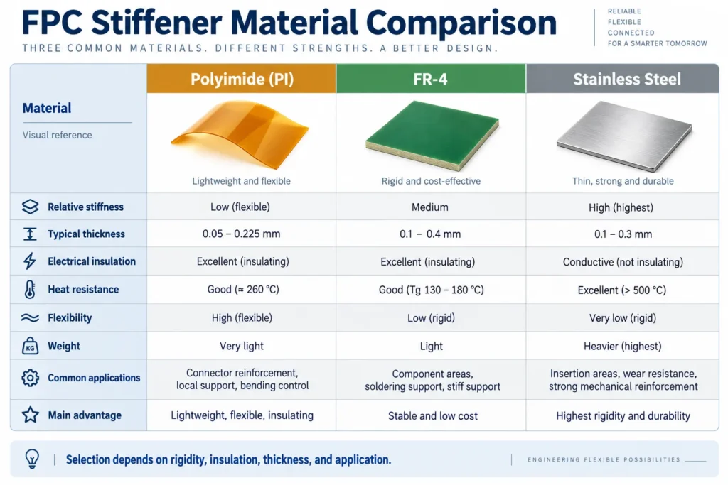fpc stiffener material comparison chart polyimide fr4 steel