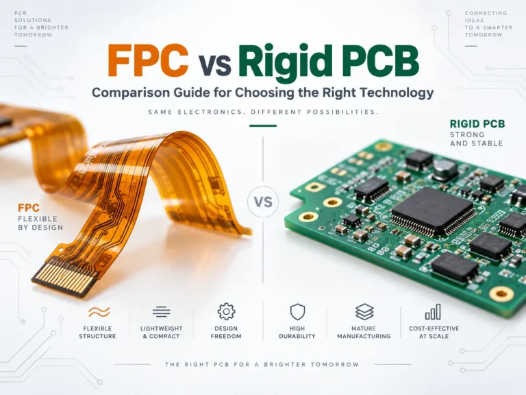fpc-vs-rigid-pcb-comparison-cover FPC vs rigid PCB comparison showing flexible polyimide circuit and rigid FR-4 board