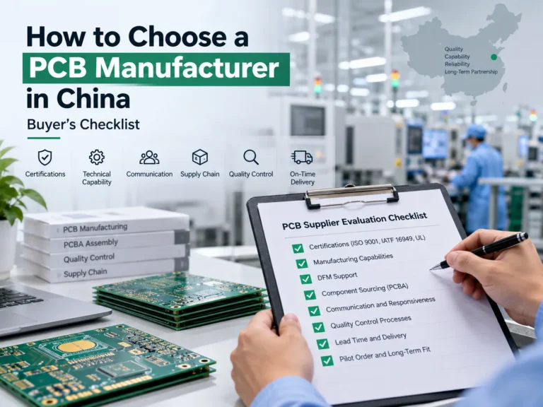 how-to-choose-pcb-manufacturer-china-cover Buyer’s checklist for choosing a PCB manufacturer in China, with PCB samples and a factory background