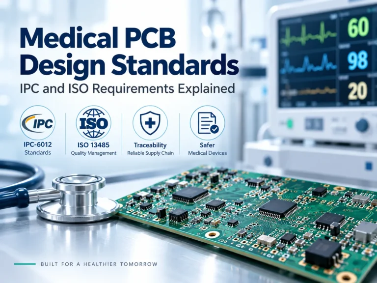 medical-pcb-design-standards-ipc-iso-cover Medical PCB design standards illustrated with a circuit board, patient monitor, and IPC-6012 and ISO 13485 references