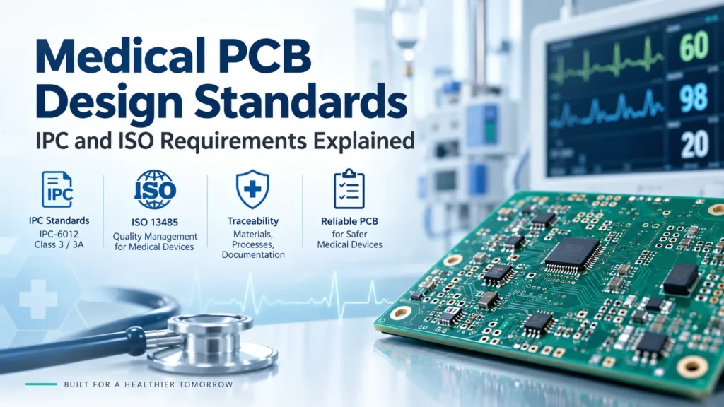Medical PCB design standards illustration with a circuit board, patient monitor, and IPC and ISO 13485 requirements