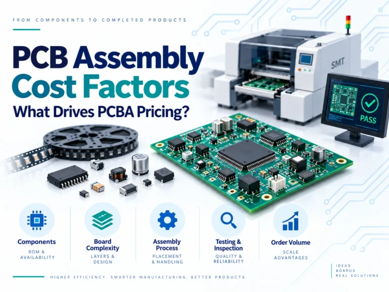 pcb-assembly-cost-factors-cover PCB assembly cost factors showing electronic components, an assembled circuit board, SMT equipment, and a testing monitor.