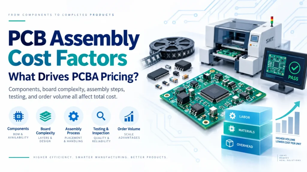 PCB assembly cost factors illustrated with components, an assembled circuit board, SMT equipment, and testing.