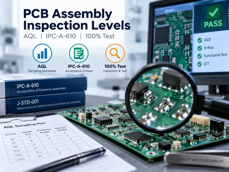 pcb-assembly-inspection-levels-cover PCB assembly inspection with magnified solder joints, an AQL sampling plan, IPC-A-610 guides, and test results