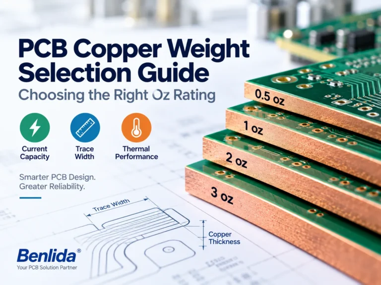 pcb-copper-weight-selection-guide-cover PCB copper weight selection guide with stacked PCB illustrations labeled 0.5 oz, 1 oz, 2 oz and 3 oz