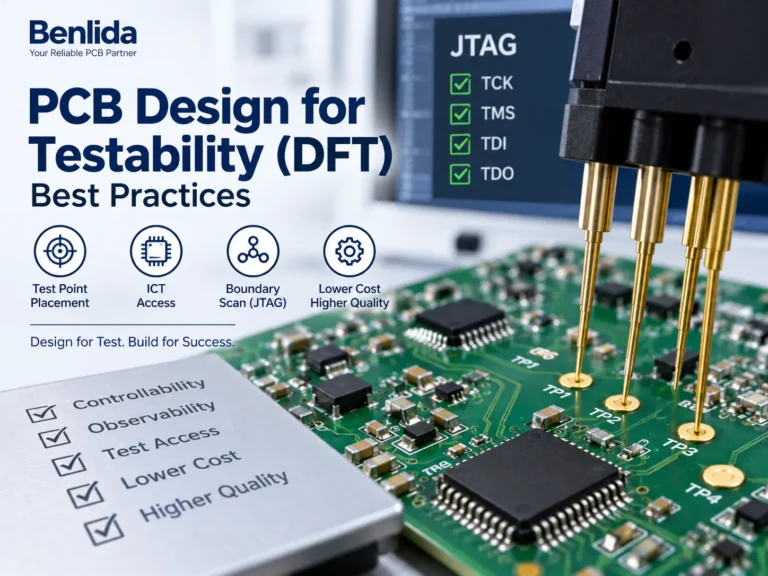 pcb-design-for-testability-dft-cover PCB design for testability showing ICT probes contacting labeled test points and a JTAG signal checklist