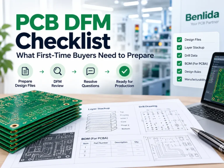 pcb-dfm-checklist-buyers-cover PCB DFM checklist for first-time buyers with circuit boards, fabrication drawings, and a design review workflow
