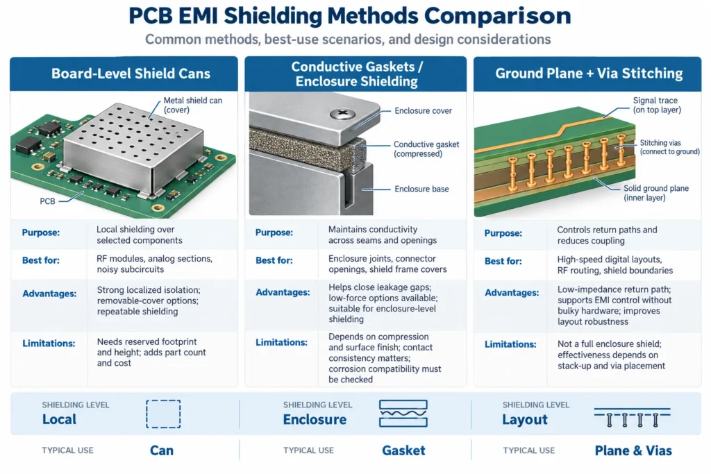 pcb emi shielding methods comparison chart