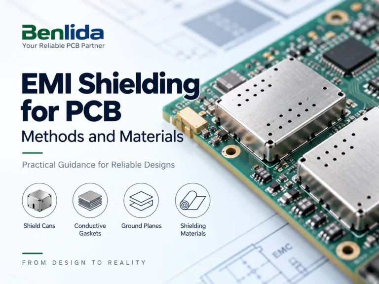 pcb-emi-shielding-methods-materials-cover PCB with metal shield cans and icons illustrating EMI shielding methods and materials