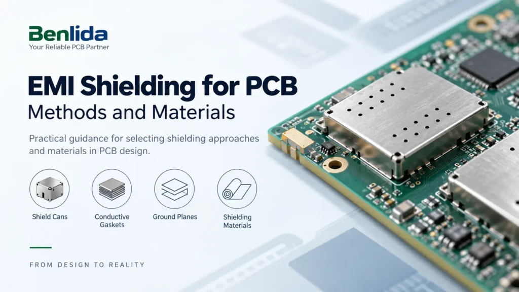 PCB with metal shield cans illustrating EMI shielding methods and materials