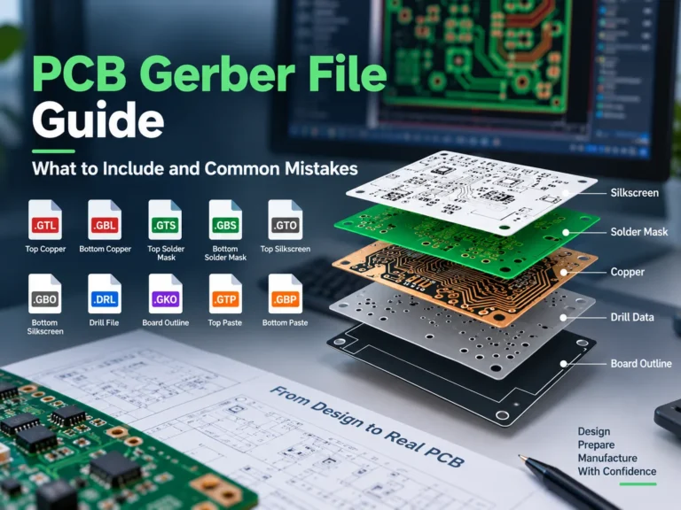 PCB Gerber file guide showing copper, solder mask, silkscreen, drill, board outline, and solder paste file icons