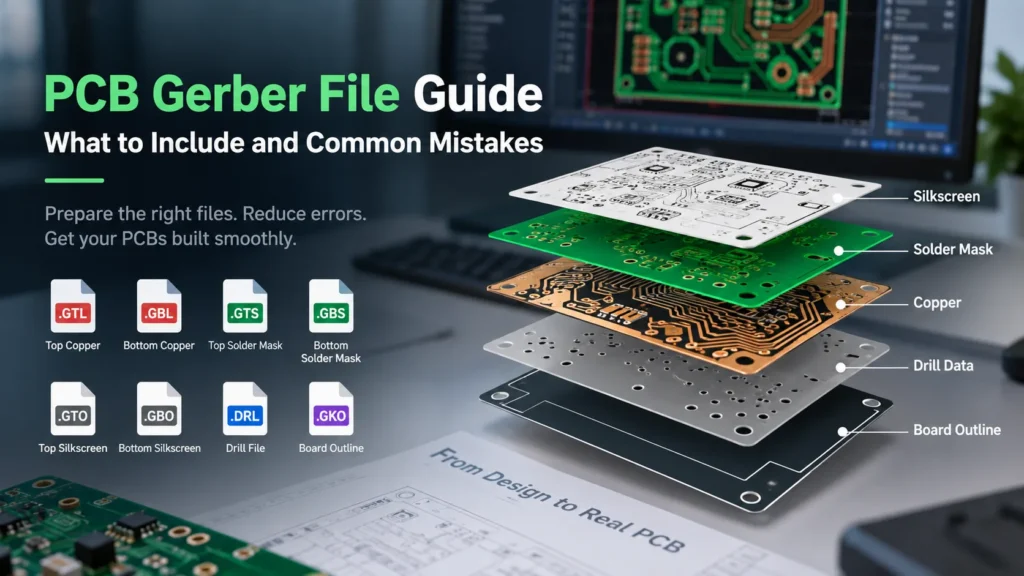 PCB Gerber file guide showing copper, solder mask, silkscreen, drill data, and board outline files