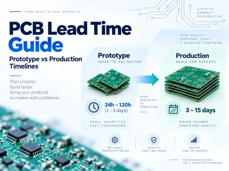 PCB lead time comparison showing prototype and production board stacks with clock and calendar icons