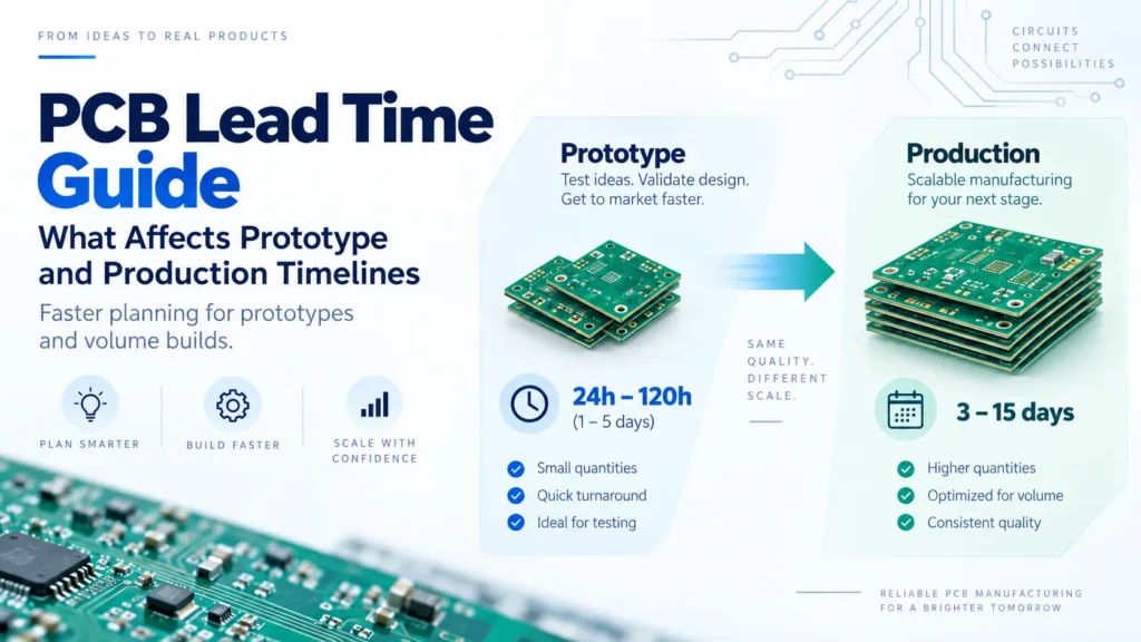 PCB lead time guide comparing prototype and production timelines with PCB stacks, a clock, and a calendar