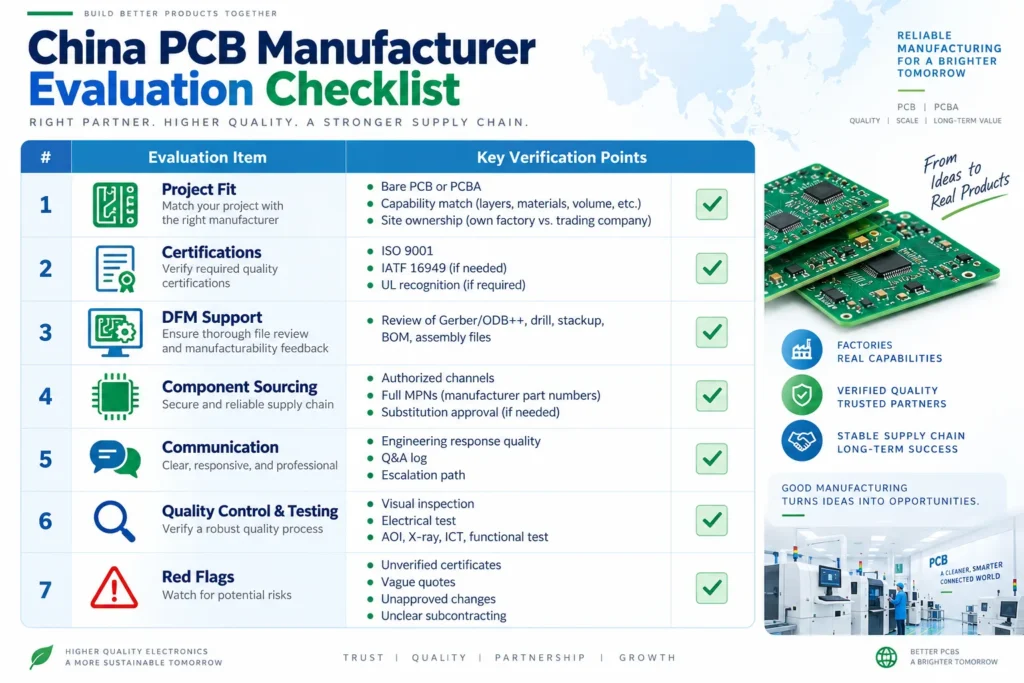 china pcb manufacturer evaluation checklist chart