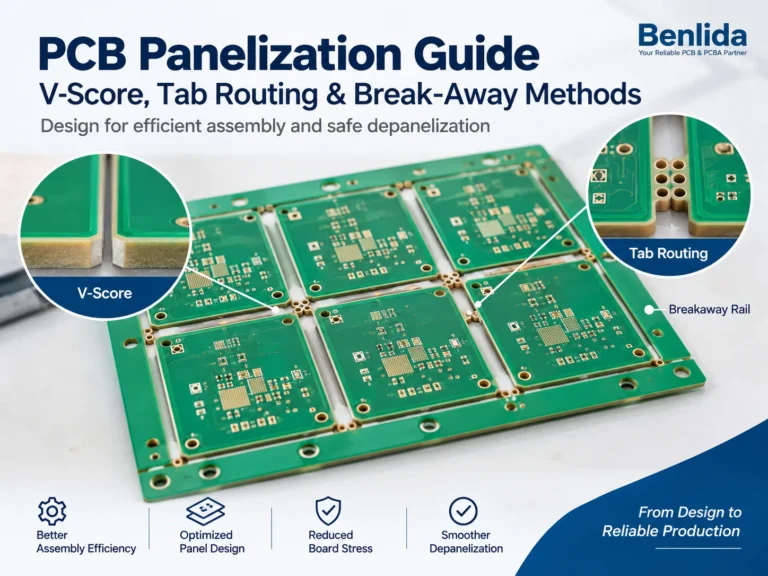 pcb-panelization-vscore-tab-routing-cover PCB panelization showing V-score and tab routing close-ups with breakaway rails