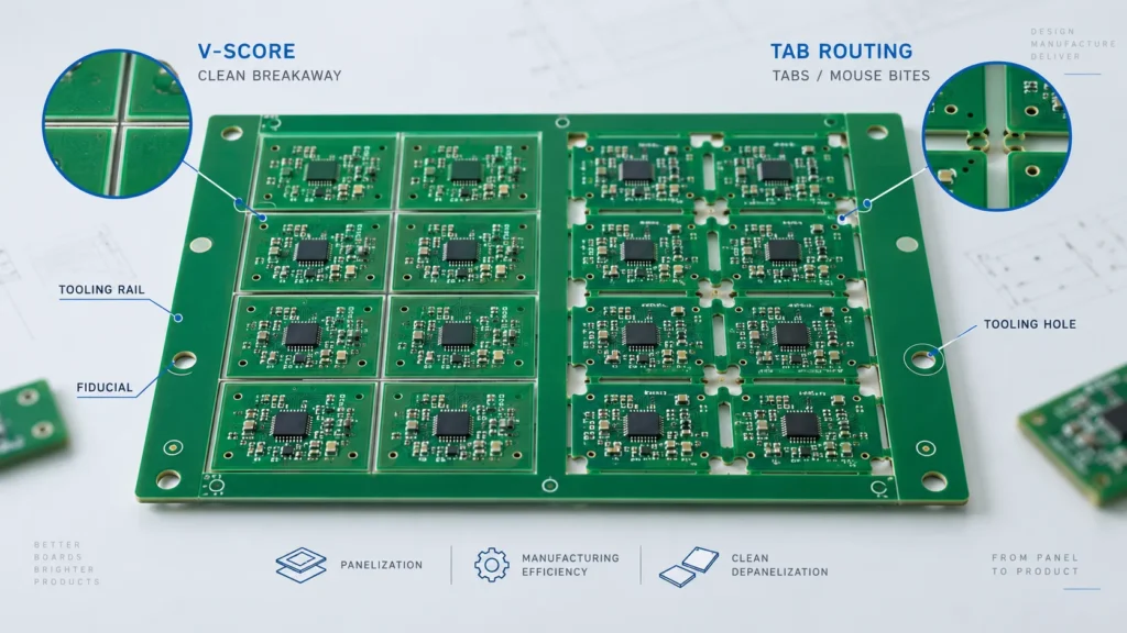 PCB panelization showing V-score and tab routing with breakaway rails and tooling holes