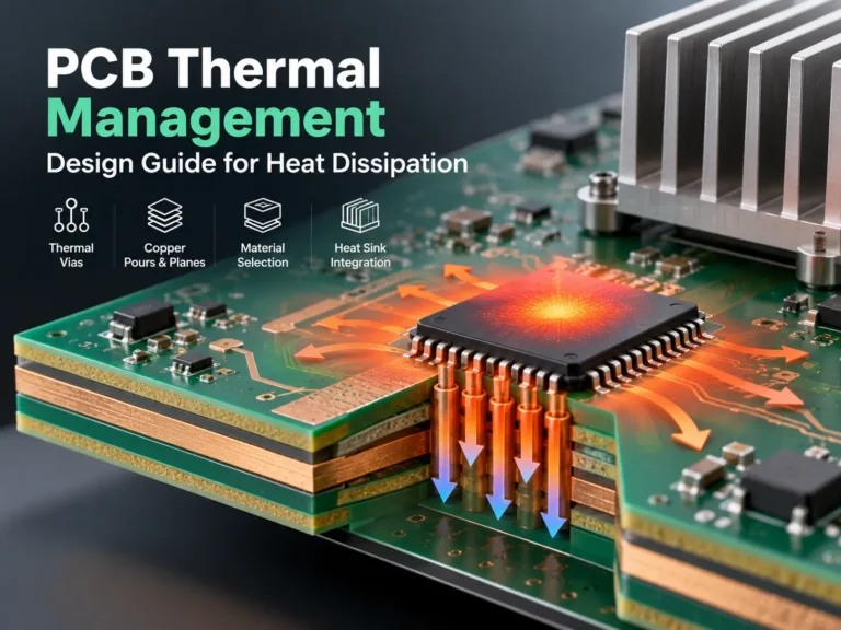pcb-thermal-management-design-guide-cover PCB thermal management illustration showing thermal vias, copper layers, heat flow arrows, and a heat sink