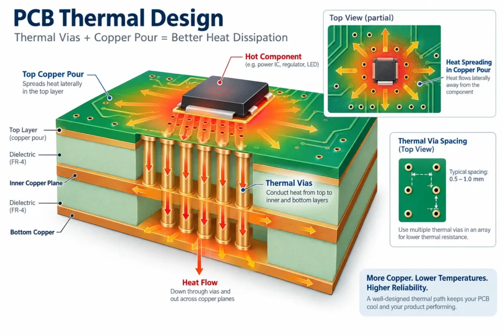 pcb thermal via design copper pour heat dissipation diagram