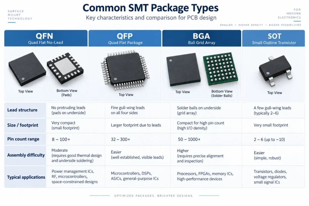 smt component package types comparison qfn qfp bga sot chart
