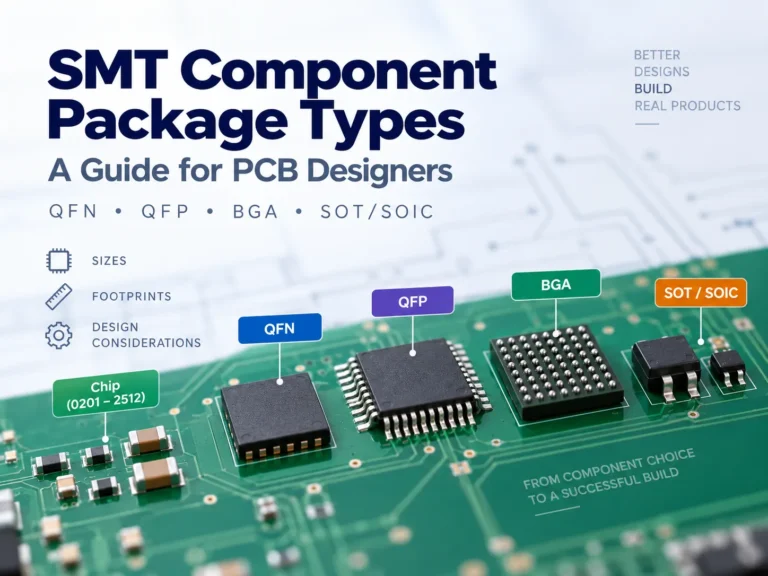 smt-component-package-types-cover SMT component package types including chip components, QFN, QFP, BGA and SOT/SOIC on a green PCB