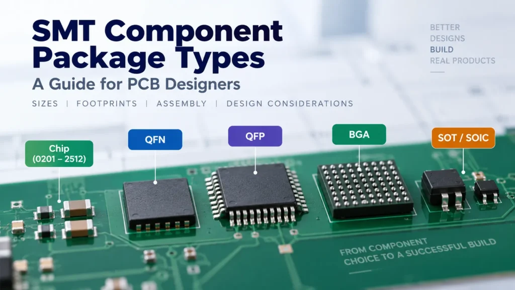 SMT component package types showing chip components, QFN, QFP, BGA, SOT and SOIC on a PCB