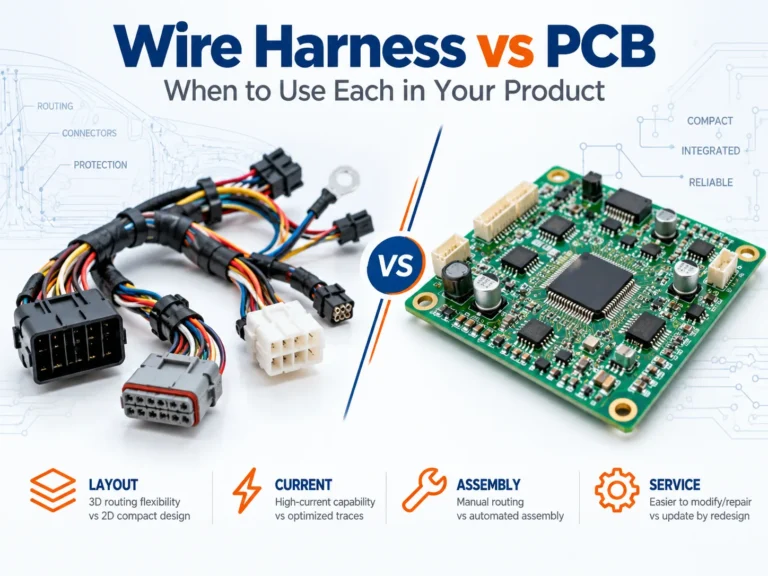 wire-harness-vs-pcb-comparison-cover Wire harness vs PCB comparison showing a branched cable harness with connectors beside an assembled circuit board