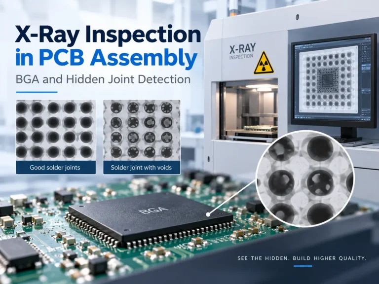 x-ray-pcb-inspection-bga-hidden-joints-cover Illustration of X-ray PCB inspection equipment and BGA solder joints with and without voids