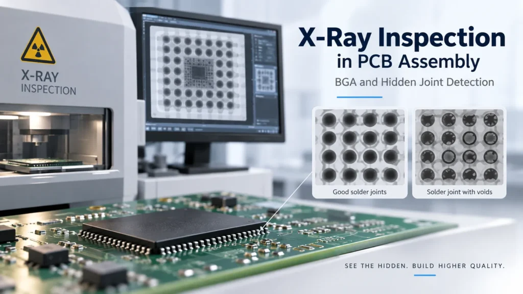 X-ray PCB inspection illustration showing equipment and BGA solder joints with and without voids