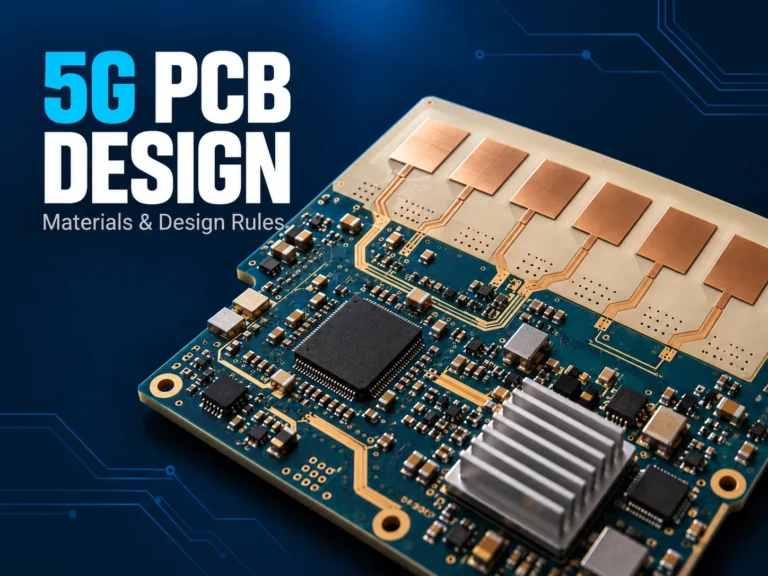5G PCB design with a copper patch antenna array, RF components, and a heat sink