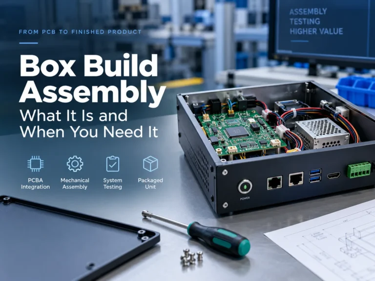 Box build assembly with a PCBA, wire harnesses and power supply inside an open metal enclosure on a workbench