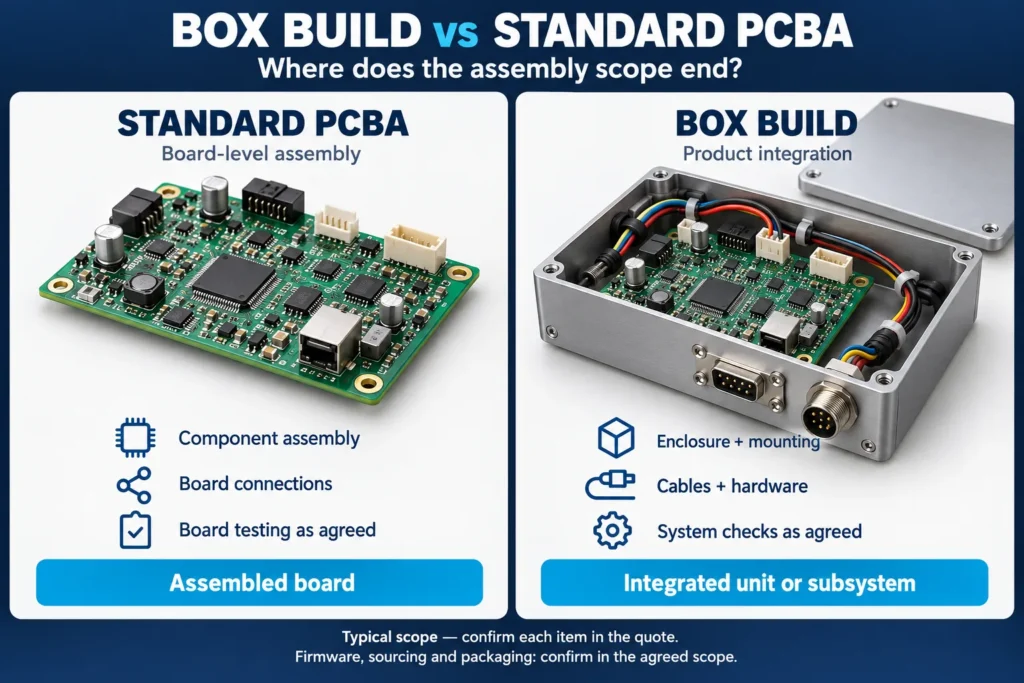 box build assembly vs standard pcba scope comparison chart