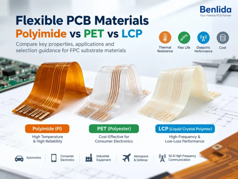 Polyimide, PET and LCP flexible PCB materials shown side by side with key properties and applications