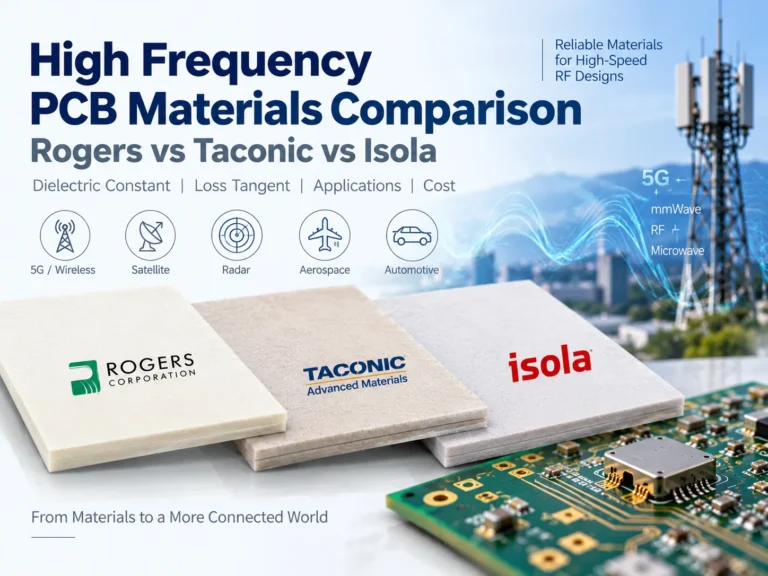 Illustration of Rogers, Taconic, and Isola high-frequency PCB materials with an RF circuit board and telecom tower