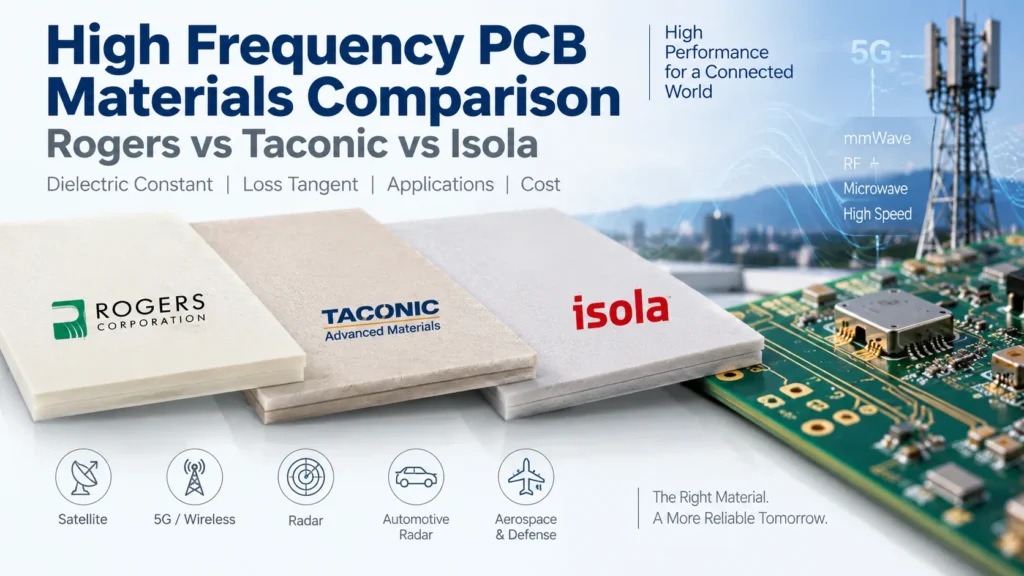 Illustration of Rogers, Taconic, and Isola high-frequency PCB laminates alongside an RF circuit board