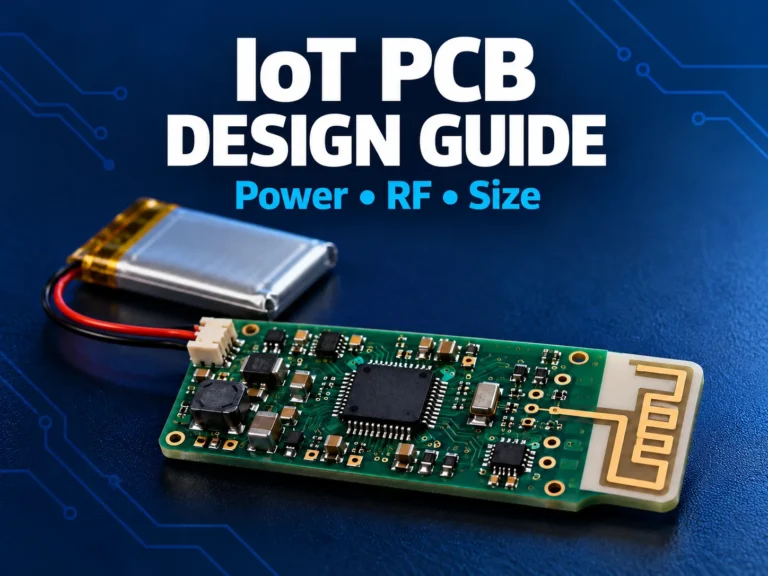 IoT PCB with a connected battery, power management components and a printed RF antenna