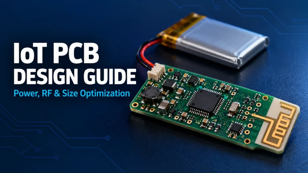 IoT PCB with a battery, power management components and a printed RF antenna