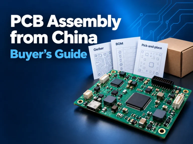 pcb-assembly-from-china-buyers-guide-cover PCB assembly from China buyer guide with an assembled circuit board, design files and a shipping box