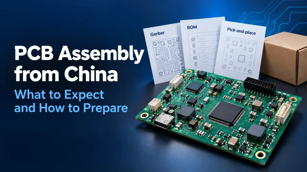PCB assembly from China buyer guide showing an assembled circuit board, production files and a shipping box