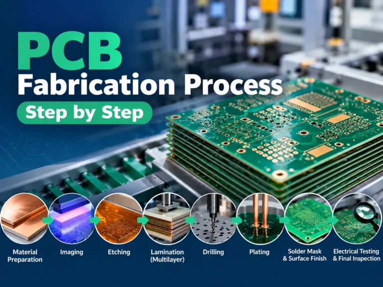 PCB fabrication process step by step showing imaging etching drilling plating and final inspection