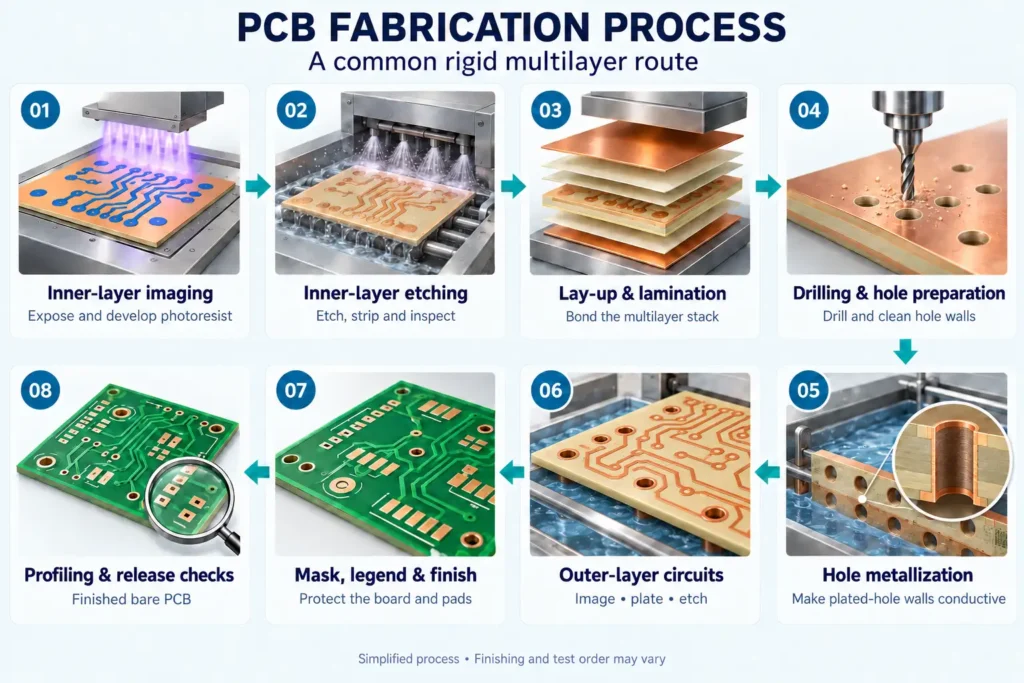 pcb fabrication process steps diagram imaging etching drilling