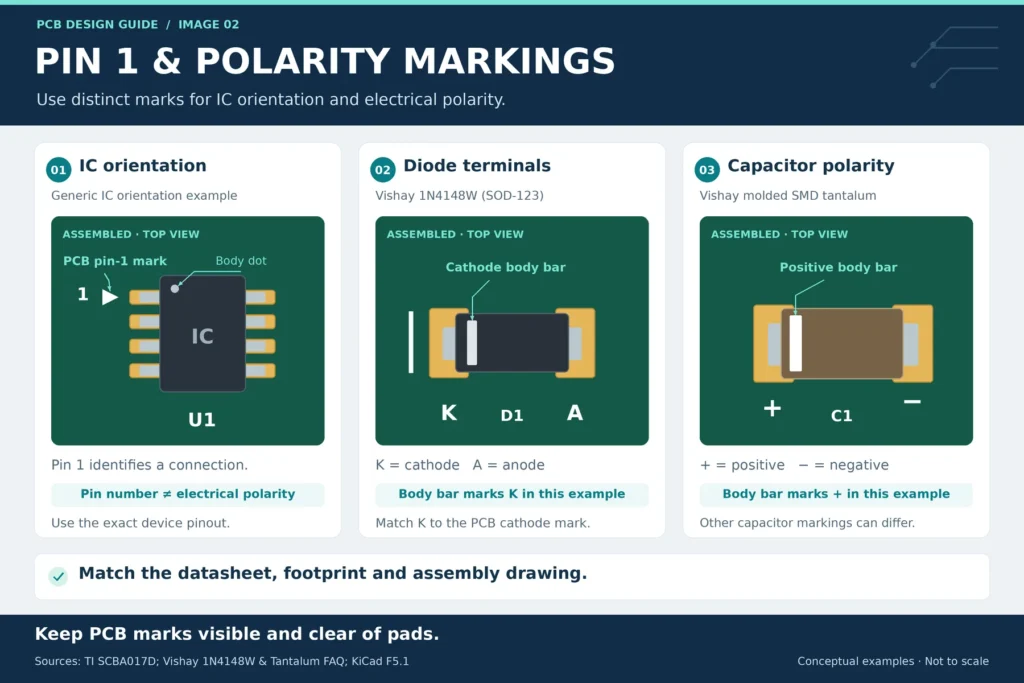 pcb pin 1 polarity silkscreen marking diagram