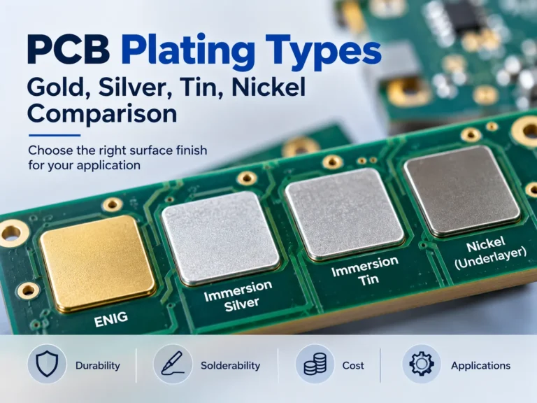 PCB plating types comparison showing ENIG, immersion silver, immersion tin, and nickel as an underlayer