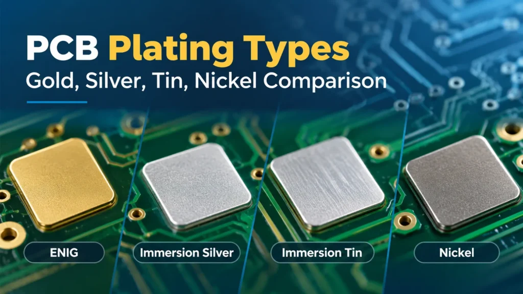 PCB plating types illustration comparing ENIG, immersion silver, immersion tin, and a nickel underlayer