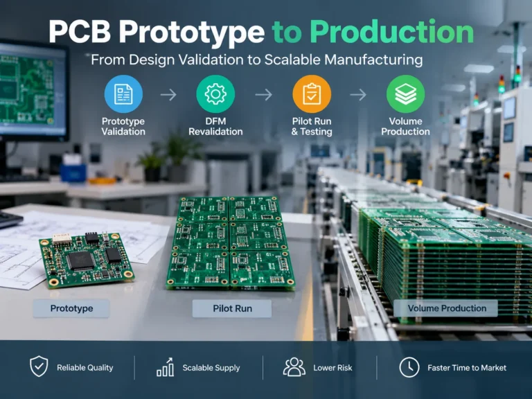 PCB prototype to production stages showing a prototype board, pilot-run panel, and volume production line