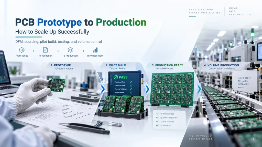 PCB prototype to production workflow showing prototype validation, pilot testing, panelized boards, and volume manufacturing