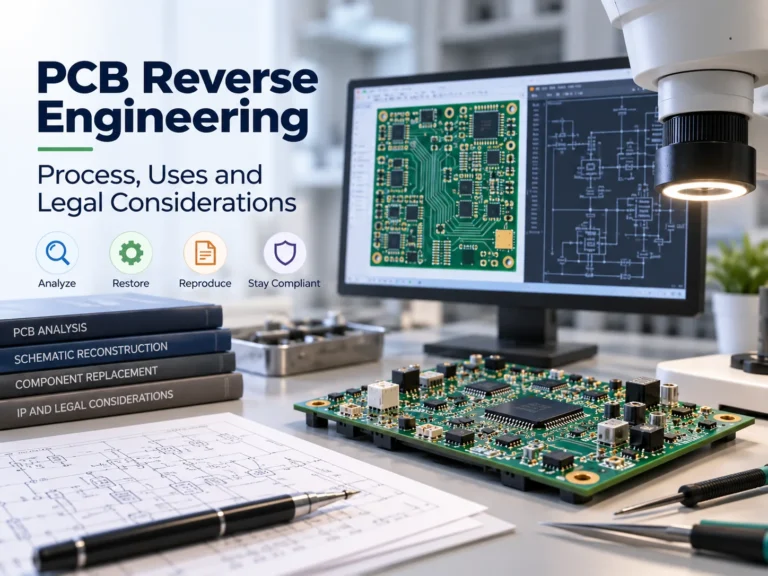 PCB reverse engineering setup with a circuit board, inspection microscope, and PCB layout and schematic on a monitor