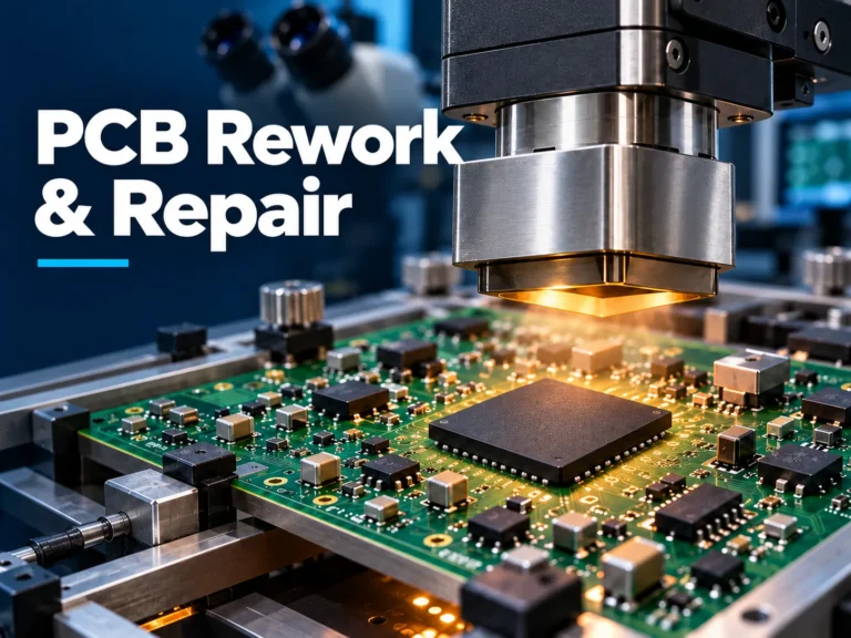 PCB rework and repair station with a precision heating nozzle above a BGA component