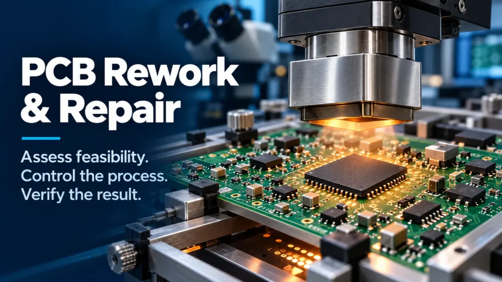 PCB rework and repair station with a heating nozzle above a BGA component